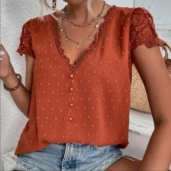 Tops - Rust Brown Swiss Dot Lace Trim Blouse